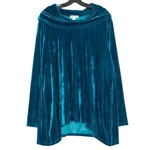 Coldwater Creek Top Velvet Boho Jewel Tone Cozy Fall Cottage Cowl Neck Blue 2X